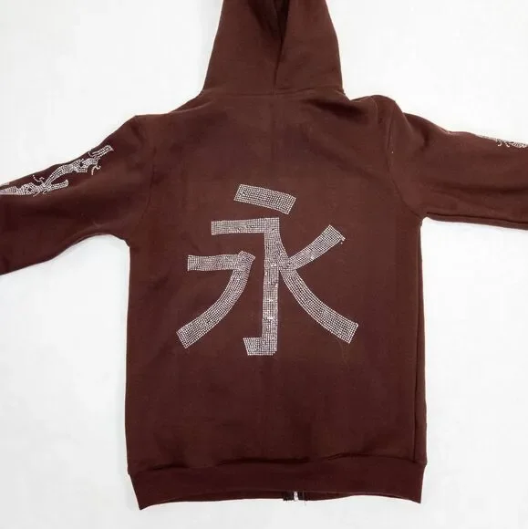 Mogul Full-Zip Hoodie - Brown Rhinestone Embellished - Y2K Streetwear - XS - Picture 6 of 6